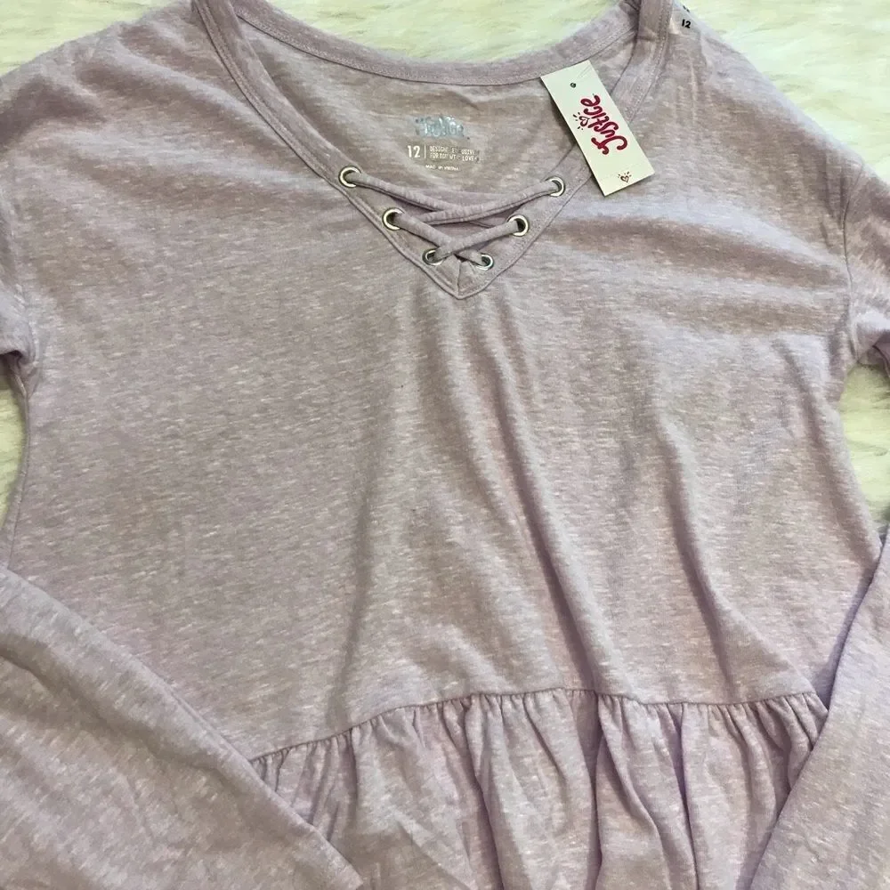 D Justice Lace Up‎ Ruffle Hem Long Sleeve T-Shirt Top size 12 nwt